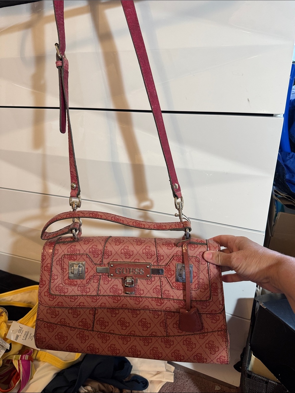 GUESS Pink Monogram Shoulder Bag with Top Handle